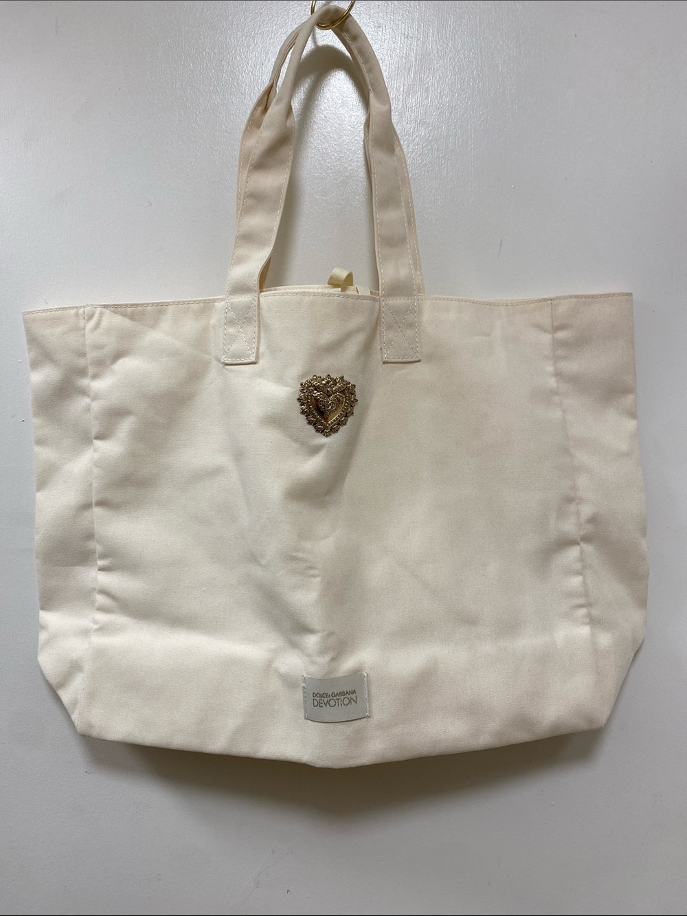 New, Dolce & Gabbana Cream Canvas Tote with Gold Devotion Emblem